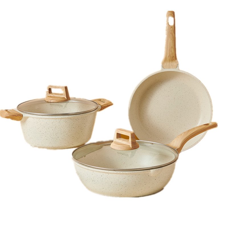 Maifanshi Non stick pot suit granite kitchen pans soup stock pots casseroleWhite cookware sets With Thick Wooden Handle