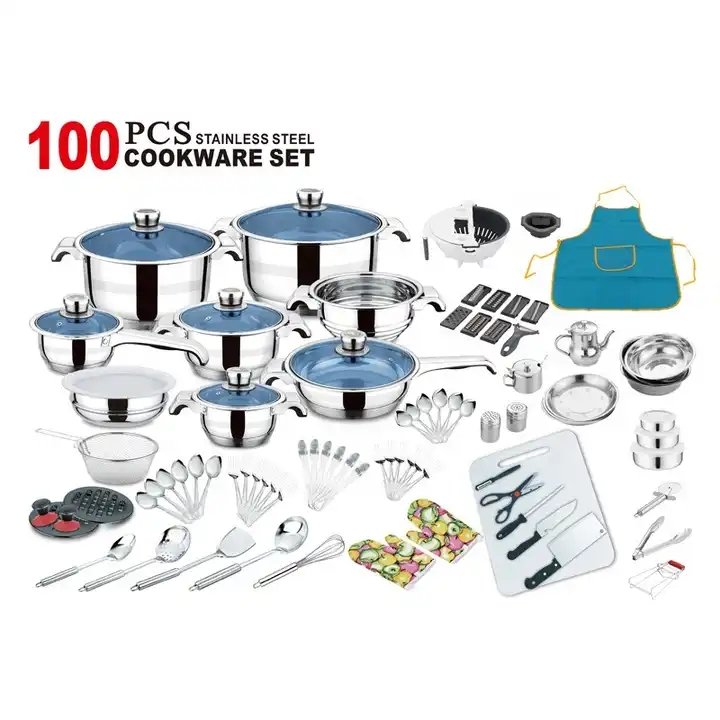 100 Pieces High Quality Induction Cooker Pot Set Glass Lid Non Stick Stainless Steel Cookware Set
