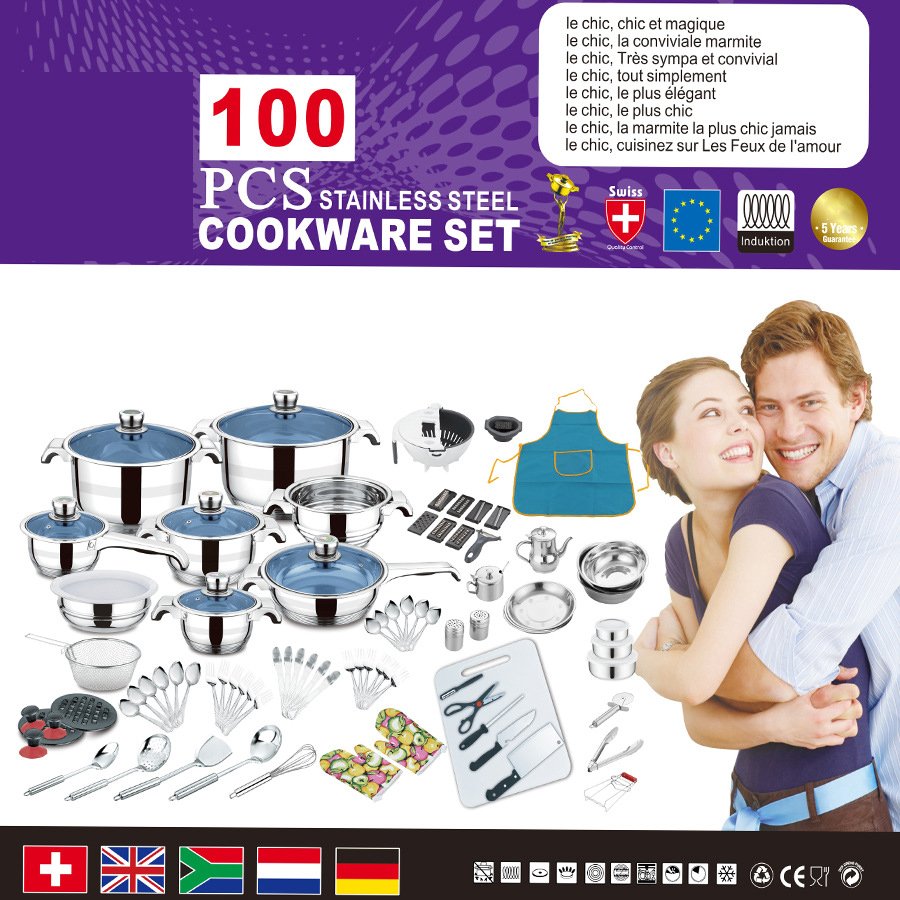 100 Pieces High Quality Induction Cooker Pot Set Glass Lid Non Stick Stainless Steel Cookware Set