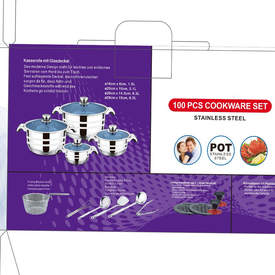 100 Pieces High Quality Induction Cooker Pot Set Glass Lid Non Stick Stainless Steel Cookware Set