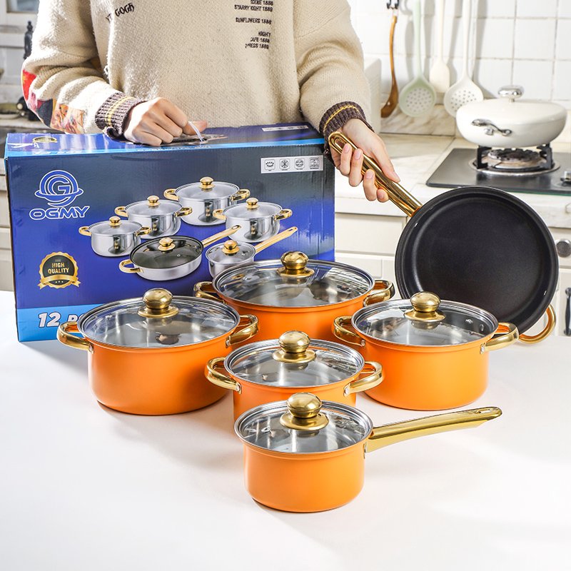 12-Piece Stainless Steel Cookware Set Orange Non-Stick Pan with Glass Cover Includes Cooking Pot Ware