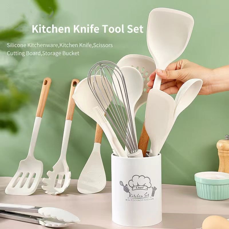 12 pcs custom logo wooden handle spoon brush silicone kitchen utensil spatulasilicone cooking utensils set - heat resistant