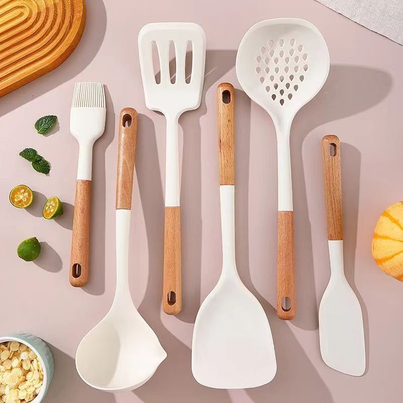 12 pcs custom logo wooden handle spoon brush silicone kitchen utensil spatulasilicone cooking utensils set - heat resistant