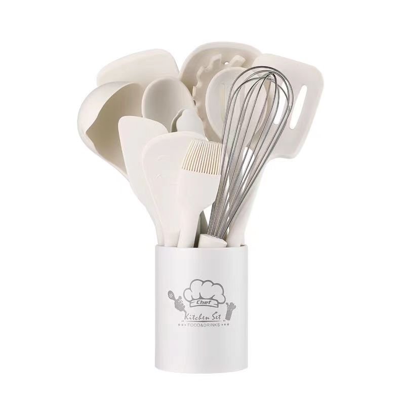 12 pcs custom logo wooden handle spoon brush silicone kitchen utensil spatulasilicone cooking utensils set - heat resistant