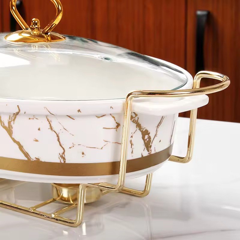 ASSMILE Wholesale factory direct restaurant used luxury oval shape marble buffet ceramic food warmer with stand