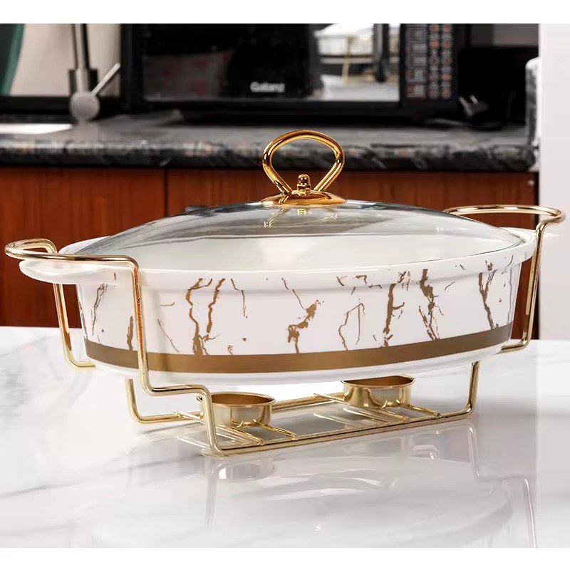 ASSMILE Wholesale factory direct restaurant used luxury oval shape marble buffet ceramic food warmer with stand
