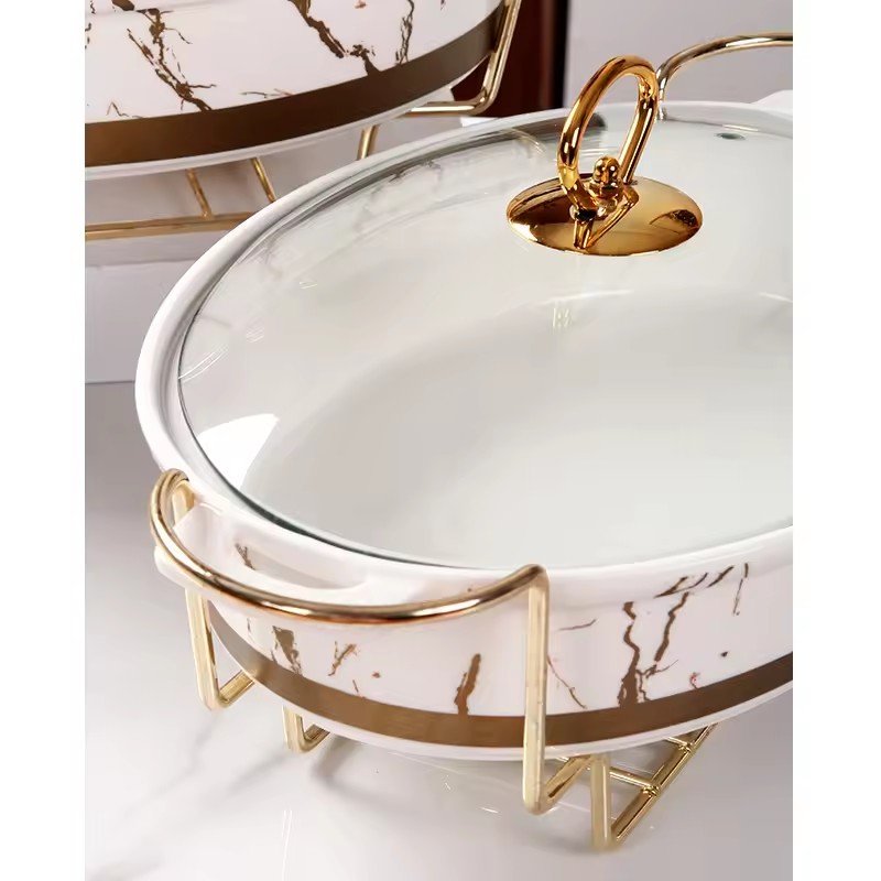 ASSMILE Wholesale factory direct restaurant used luxury oval shape marble buffet ceramic food warmer with stand