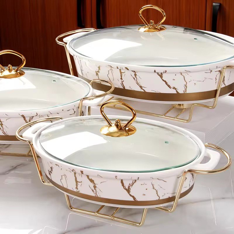 ASSMILE Wholesale factory direct restaurant used luxury oval shape marble buffet ceramic food warmer with stand