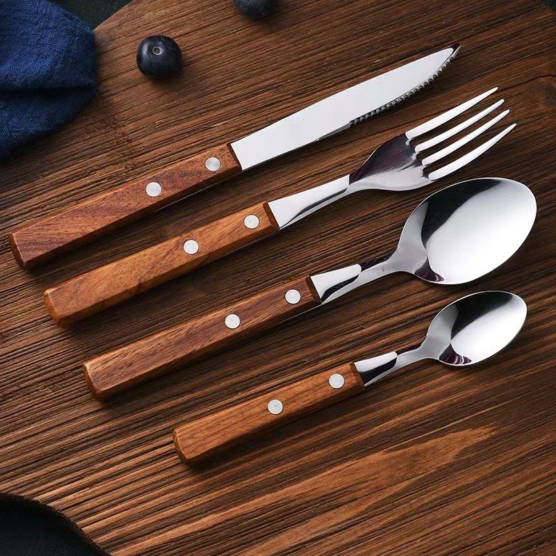 18/10 stainless steel cutlery set flatware retro wooden dinnerware decorative tableware knife set spoon forks kitchen set