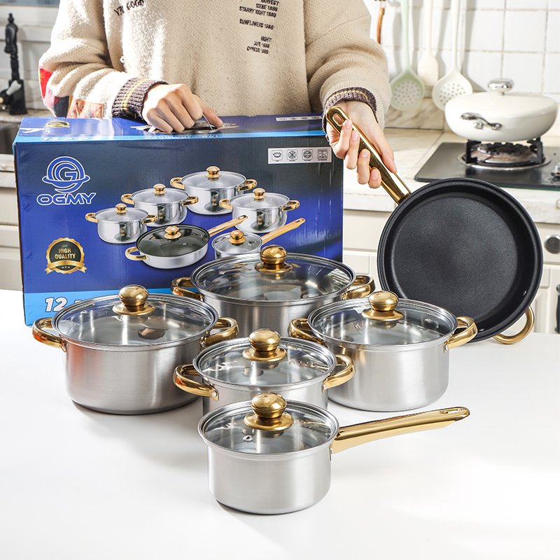 Colorful 12 Piece Stainless Steel Pots And Pans Set Pink Blue Non Stick Frying Pan With Lid Cooking Pot Set