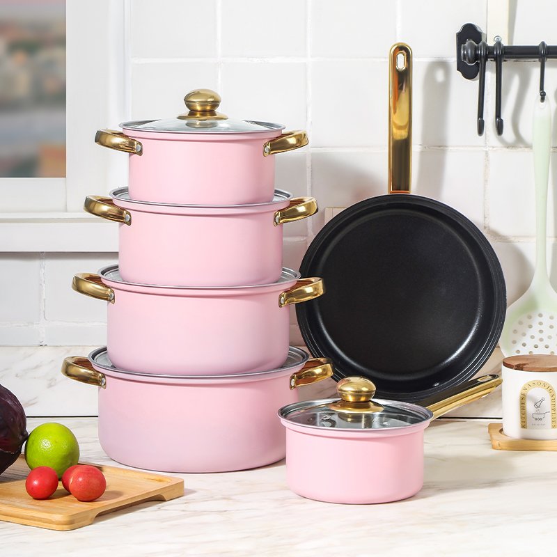 Colorful 12 Piece Stainless Steel Pots And Pans Set Pink Blue Non Stick Frying Pan With Lid Cooking Pot Set