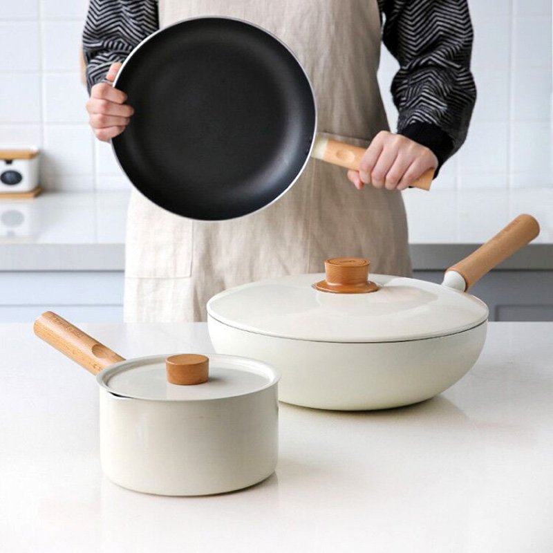Kitchen High-Quality Multifunctional Non-Stick Pots, Maifan Stone Frying Pan Wok Milk Pan Granite Cookware Set