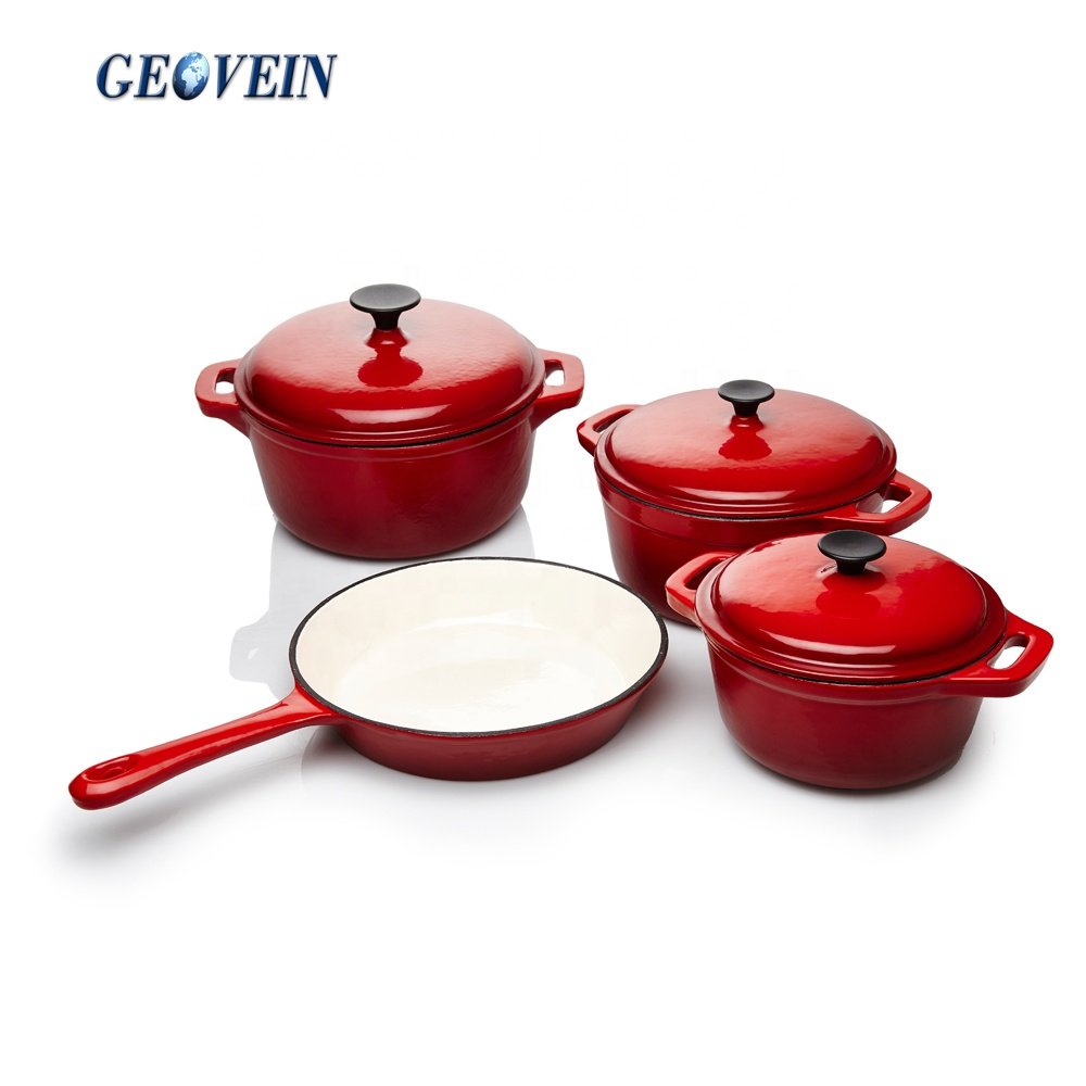 Seven 7-Piece Cooking Pots And Pans Cast Iron Enamel Casserole Cookware Set