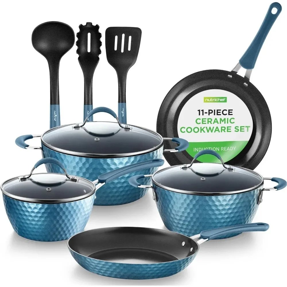 11 Pcs Cookware Sets Kitchen Ware Pots and Pan Set with Saucepan Frying Pans Cooking Pots Lids PTFE/PFOA/PFOS Free Royal Blue