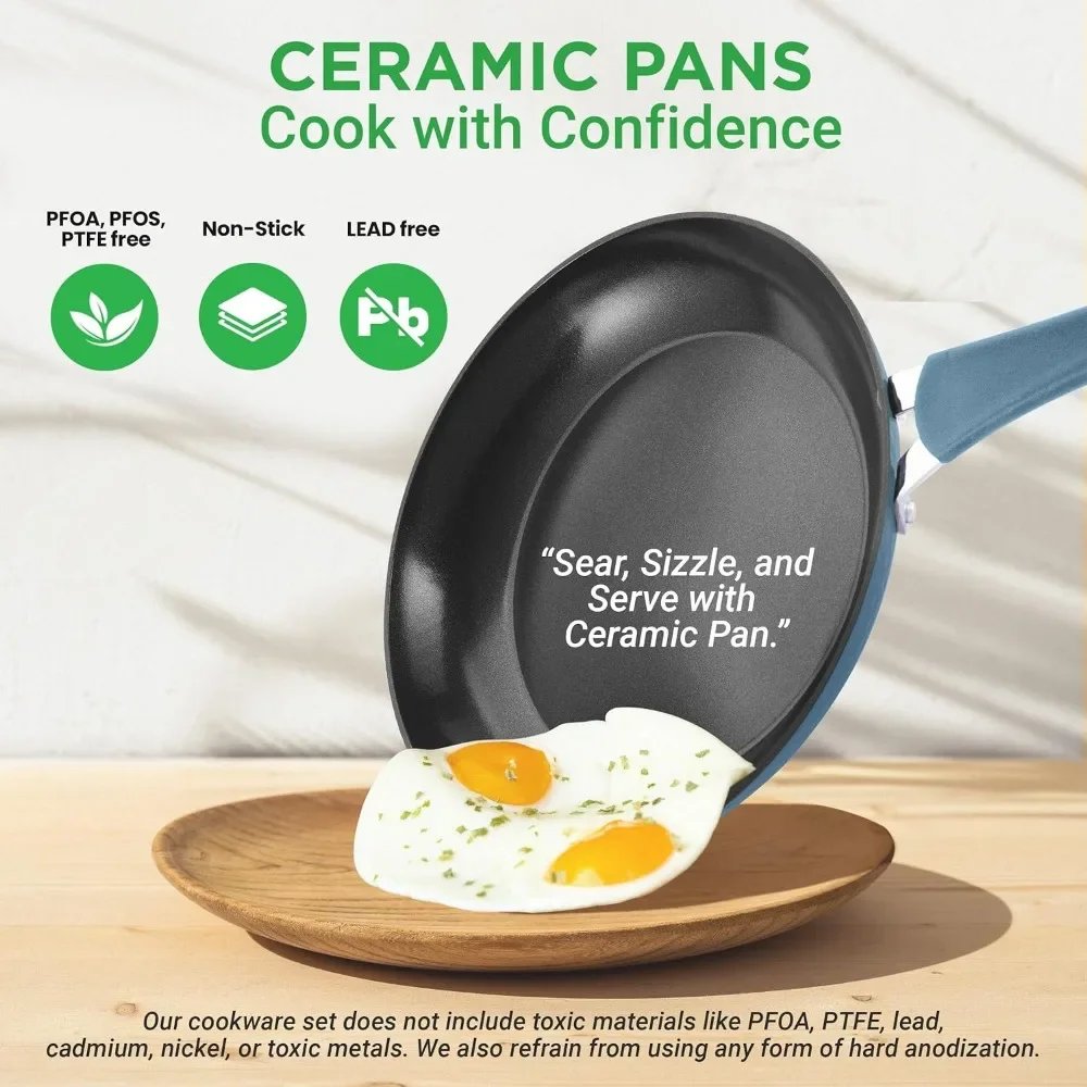 11 Pcs Cookware Sets Kitchen Ware Pots and Pan Set with Saucepan Frying Pans Cooking Pots Lids PTFE/PFOA/PFOS Free Royal Blue