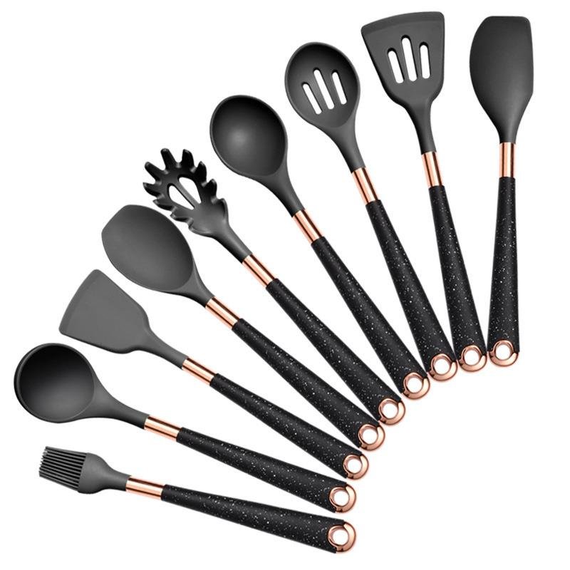 New Silicone Kitchenware Non-stick Kitchen Utensils Set Gold Plated Handle Cooking Tool Accessories Heat Resistant Kitchen Items