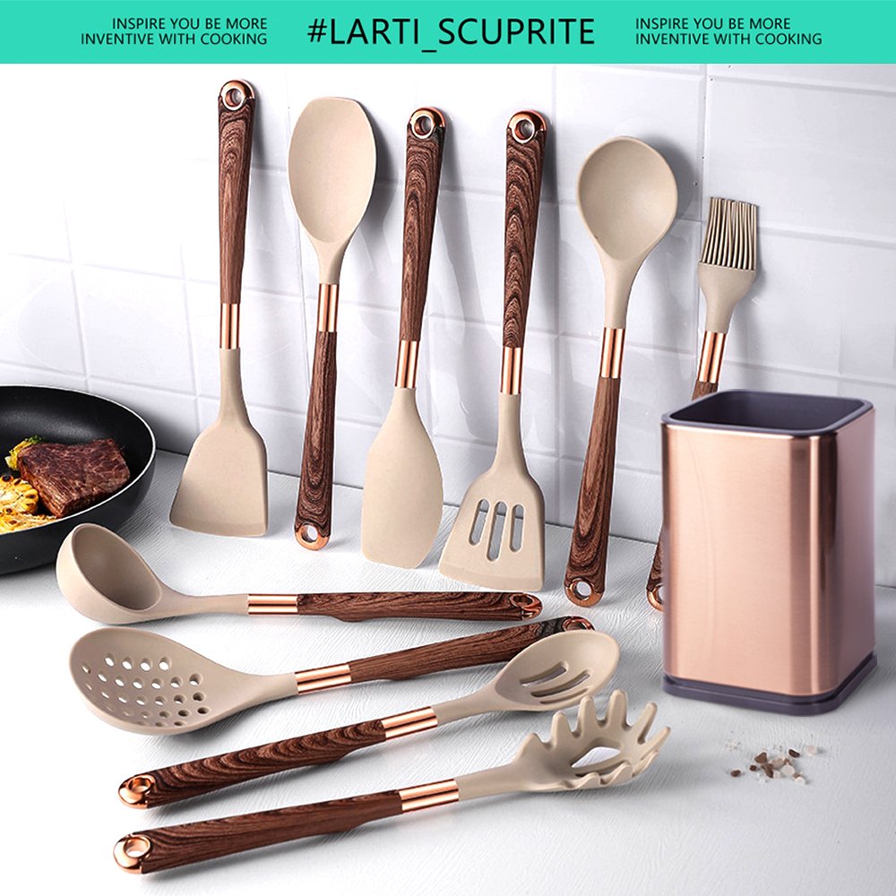 New Silicone Kitchenware Non-stick Kitchen Utensils Set Gold Plated Handle Cooking Tool Accessories Heat Resistant Kitchen Items