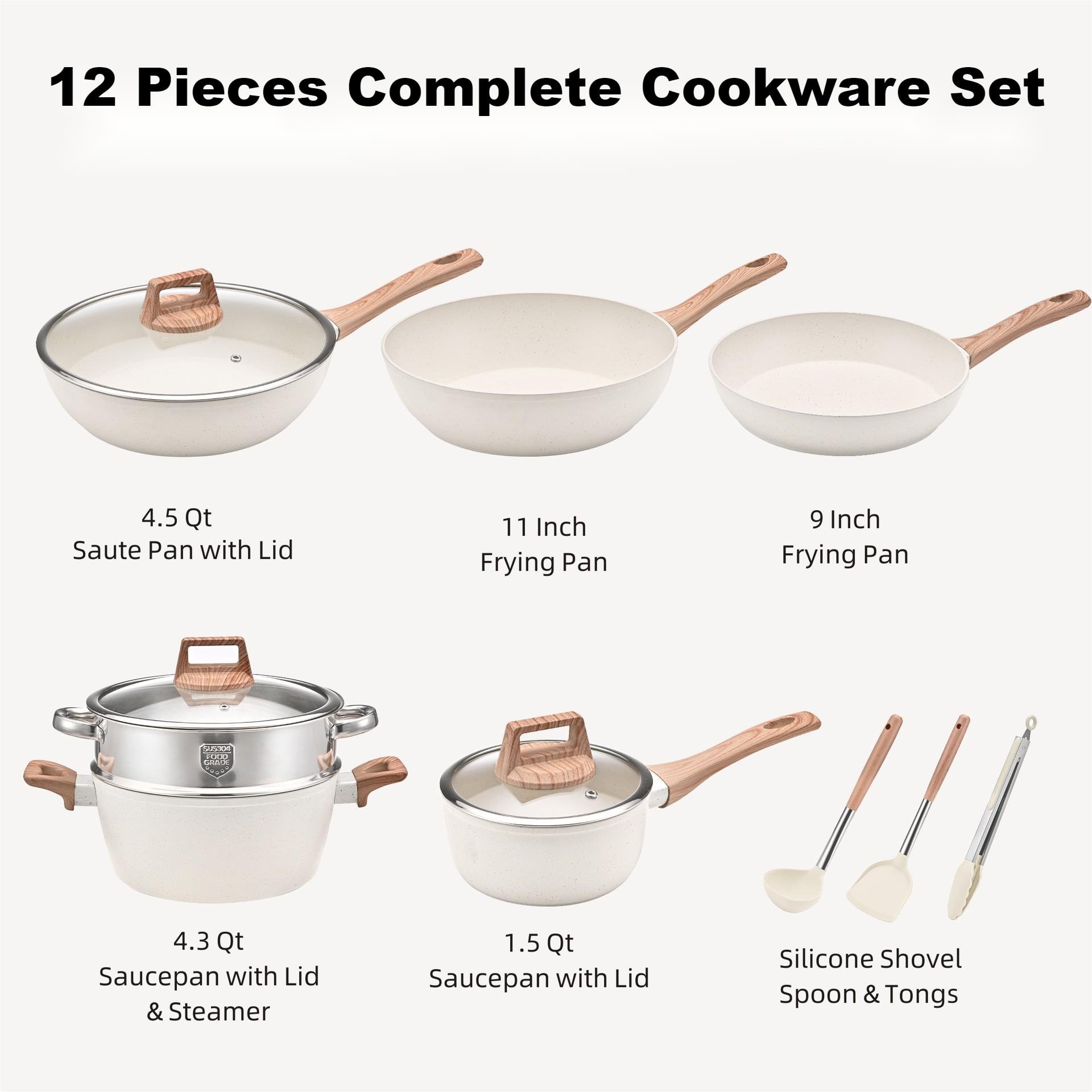Custom 12-piece white granite medical stone die-cast aluminum non-stick frying pan soup pot kitchen induction cooker set