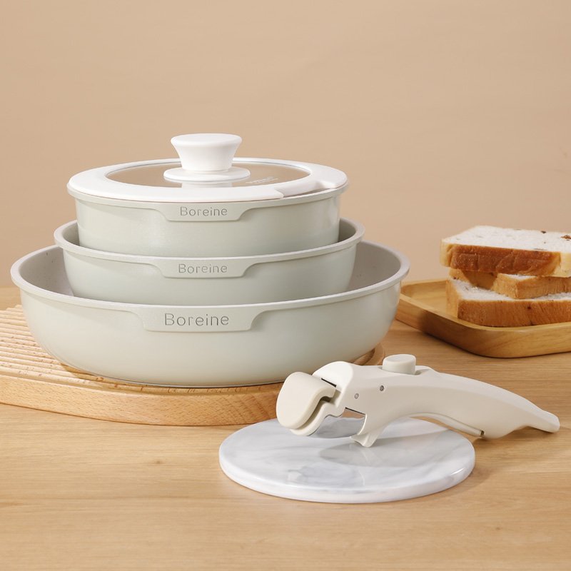 BOREINE 5pcs beige camping cookware diecast aluminum nonstick cookware sets with removable handle and silicon glass lid