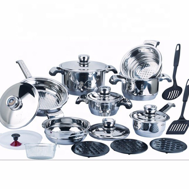 Factory supplies 24pcs s/s wide edge cookware set with 7-step bottom mirror polishing s/s lid kitchenware set