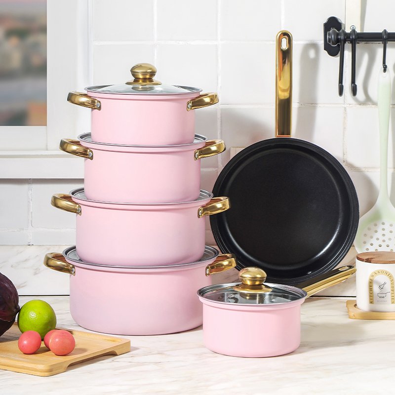 Fast Shipment 12 Pcs Pink Casseroles Soup Stock Pots Frying Pan Stainless Steel Cooking Pots Kitchen Non Stick Cookware Sets