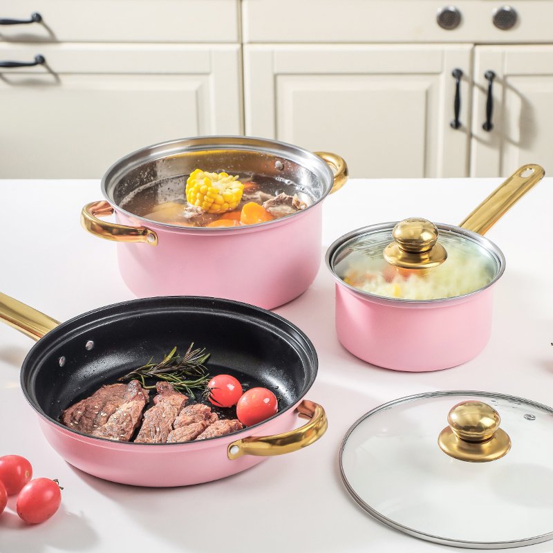 Fast Shipment 12 Pcs Pink Casseroles Soup Stock Pots Frying Pan Stainless Steel Cooking Pots Kitchen Non Stick Cookware Sets