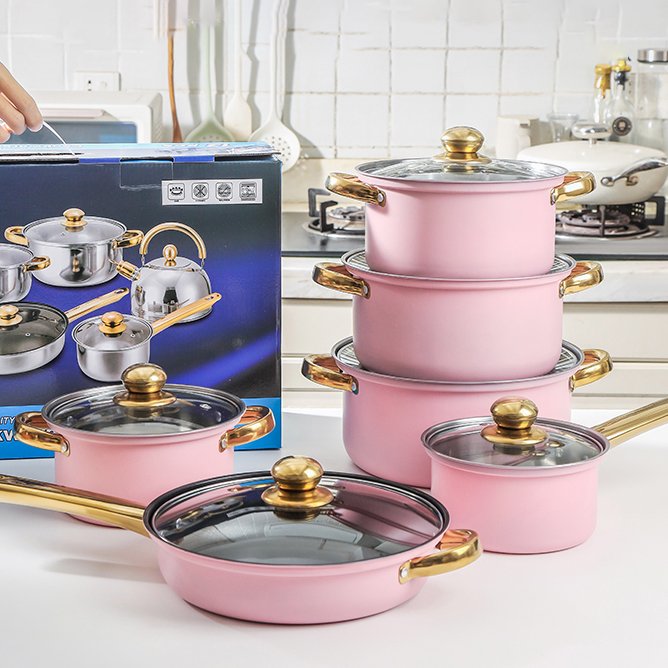 Fast Shipment 12 Pcs Pink Casseroles Soup Stock Pots Frying Pan Stainless Steel Cooking Pots Kitchen Non Stick Cookware Sets