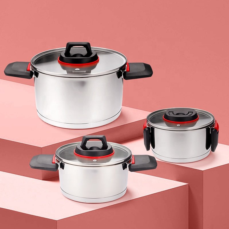 Manufacturer new design bakelite folding handle casserole cooking pots and pans stainless steel cookware set