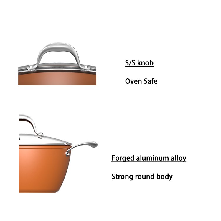 BESCO OEM 12-Piece Forged Aluminum Alloy 3003 Copper Ceramic Cookware Sets with Tempered Glass Lid and Solid SS handle Oven Safe