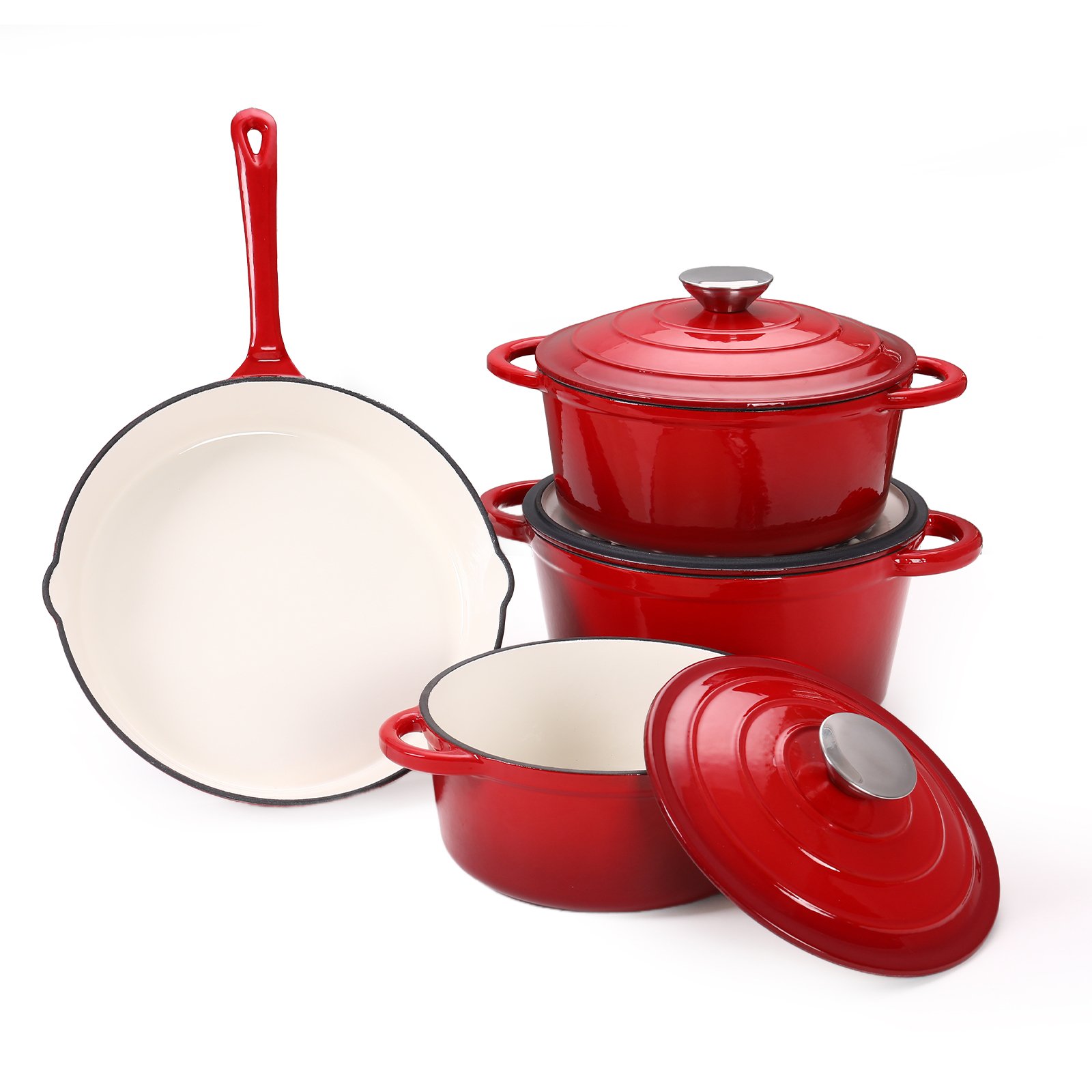 7 Piece Non-Stick Ceramic Coated Cast Iron pot Enameled Cast Iron Cookware Set Heavy Duty Easy Care Cast Iron dutch oven pot