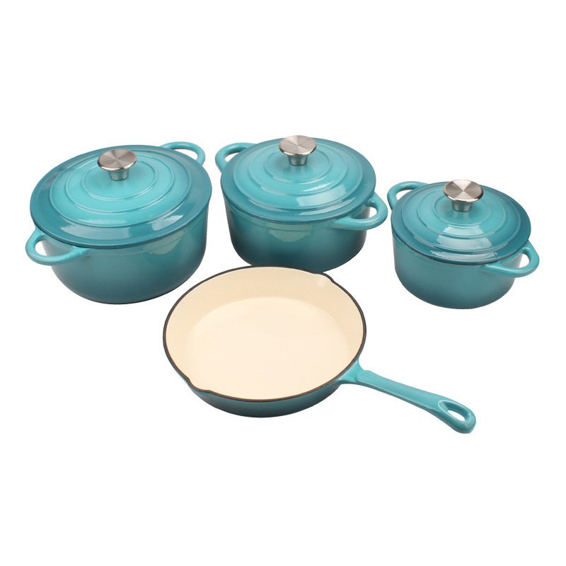 La Cocina 7 Piece Blue Cast Iron Enamel Cookware Set Enamelled Soup Pot Skillet Frying Pan Gift Pot