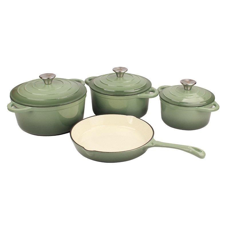La Cocina 7 Piece Blue Cast Iron Enamel Cookware Set Enamelled Soup Pot Skillet Frying Pan Gift Pot