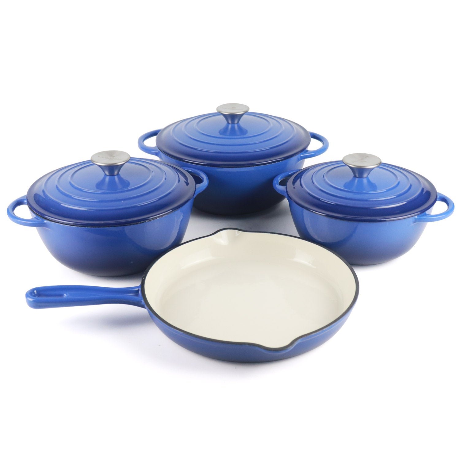 La Cocina 7 Piece Blue Cast Iron Enamel Cookware Set Enamelled Soup Pot Skillet Frying Pan Gift Pot