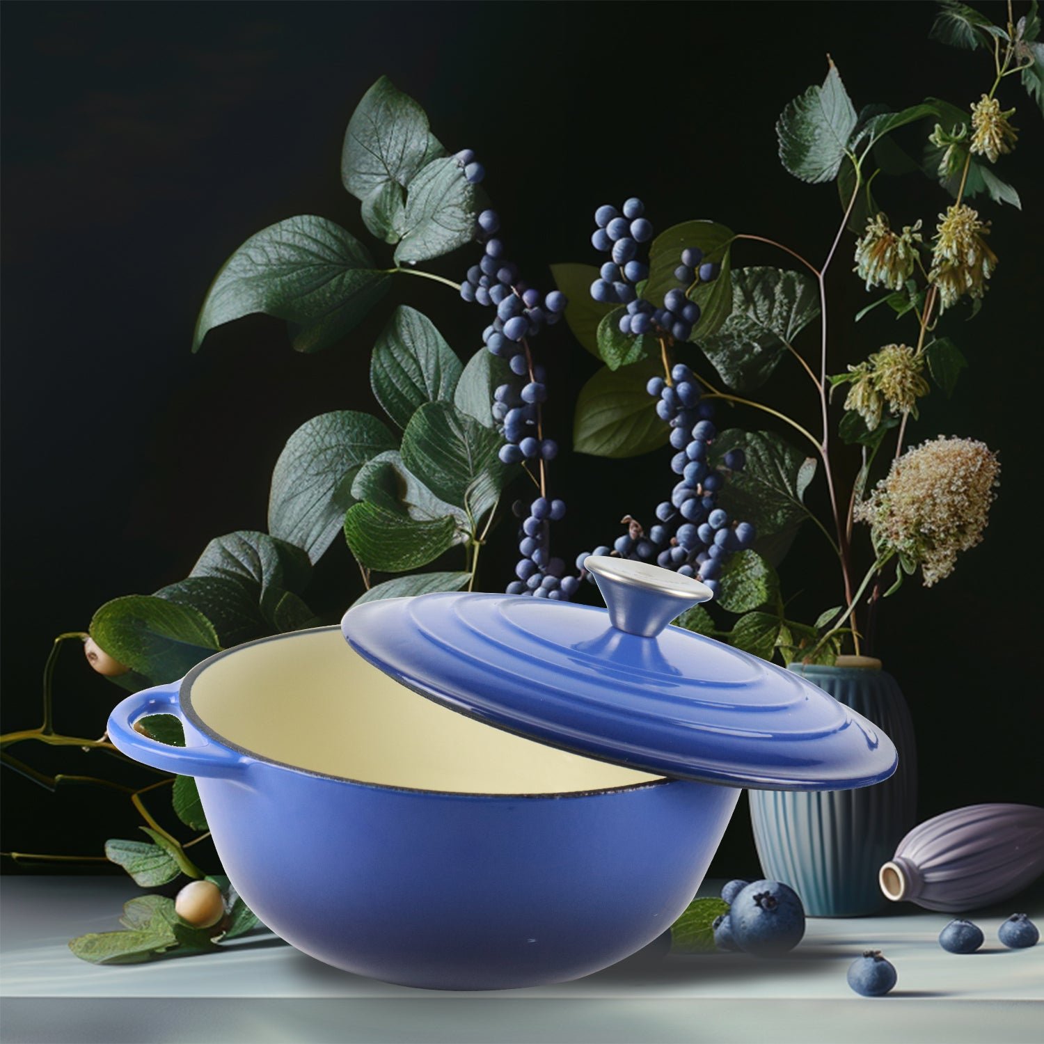 La Cocina 7 Piece Blue Cast Iron Enamel Cookware Set Enamelled Soup Pot Skillet Frying Pan Gift Pot