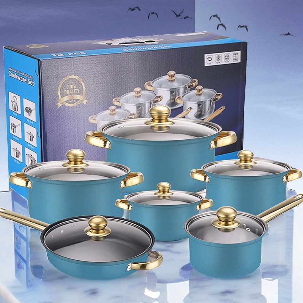 Fast Shipment Stainless Steel Cookware Set Blue Casserole Non-Stick Cooking Pot Sustainable Iron Kitchen Pots Pans
