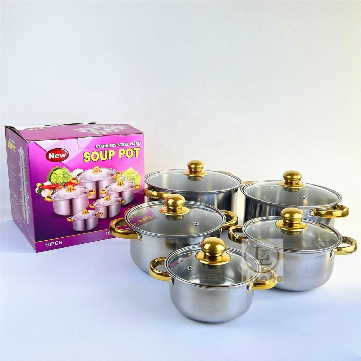 Hot Selling 10Pc Set Stainless Steel Kitchenware Golden Handle Cooking Pots Cookware Set Stock Pot With Glass Lid