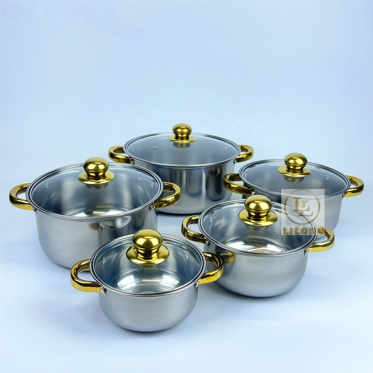 Hot Selling 10Pc Set Stainless Steel Kitchenware Golden Handle Cooking Pots Cookware Set Stock Pot With Glass Lid