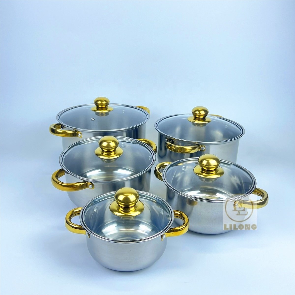 Hot Selling 10Pc Set Stainless Steel Kitchenware Golden Handle Cooking Pots Cookware Set Stock Pot With Glass Lid