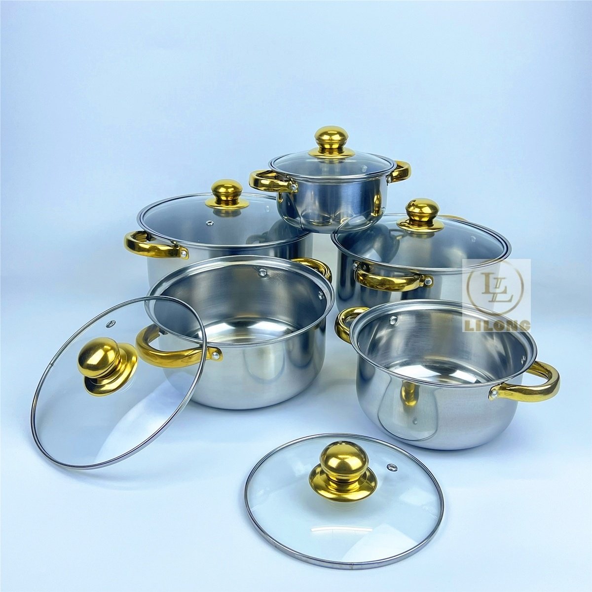 Hot Selling 10Pc Set Stainless Steel Kitchenware Golden Handle Cooking Pots Cookware Set Stock Pot With Glass Lid