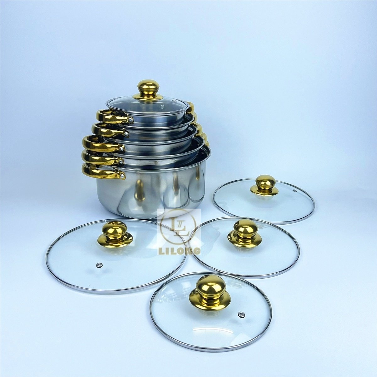 Hot Selling 10Pc Set Stainless Steel Kitchenware Golden Handle Cooking Pots Cookware Set Stock Pot With Glass Lid