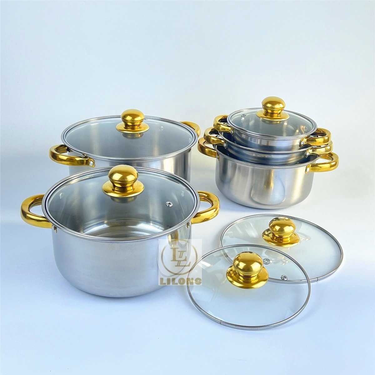 Hot Selling 10Pc Set Stainless Steel Kitchenware Golden Handle Cooking Pots Cookware Set Stock Pot With Glass Lid