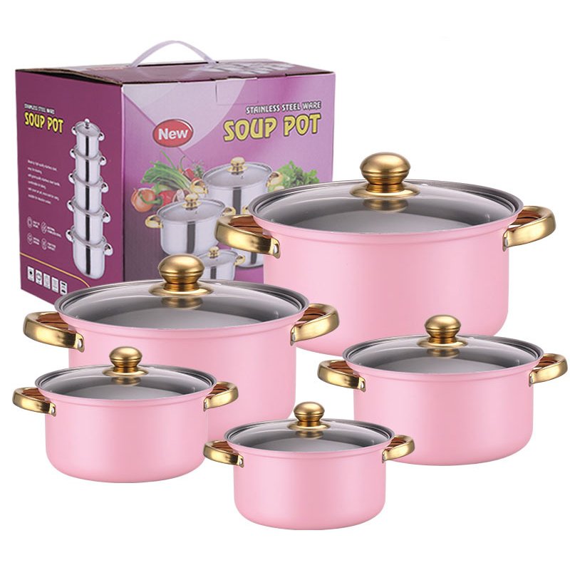 10pcs Stainless Steel Gold Handle Cooking Pots And Pans Casserole Kitchen Cookware Sets