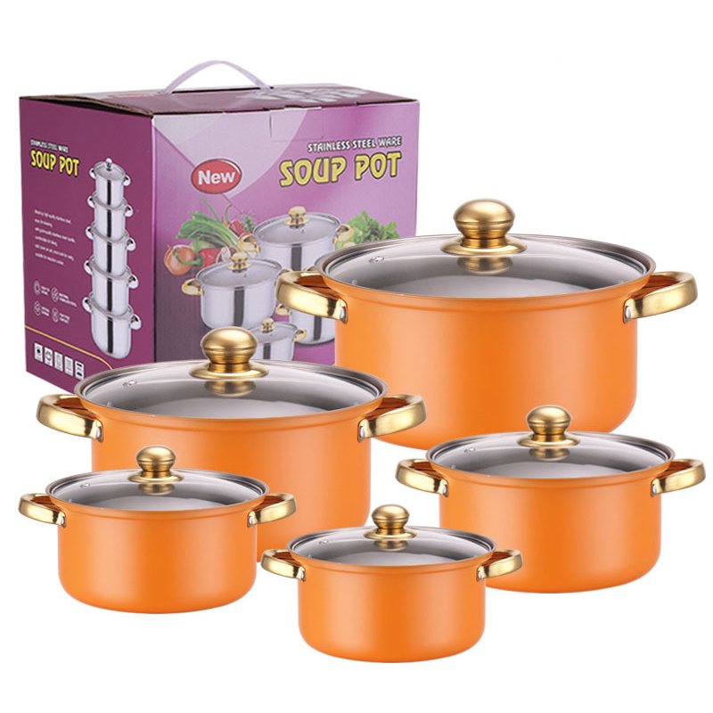 10pcs Stainless Steel Gold Handle Cooking Pots And Pans Casserole Kitchen Cookware Sets