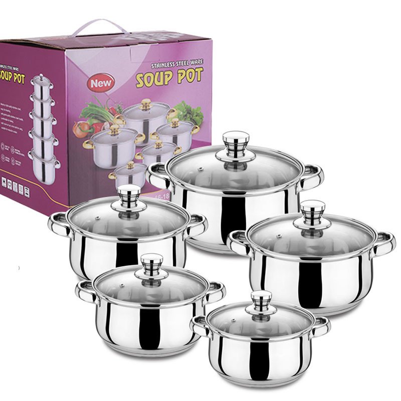 10pcs Stainless Steel Gold Handle Cooking Pots And Pans Casserole Kitchen Cookware Sets