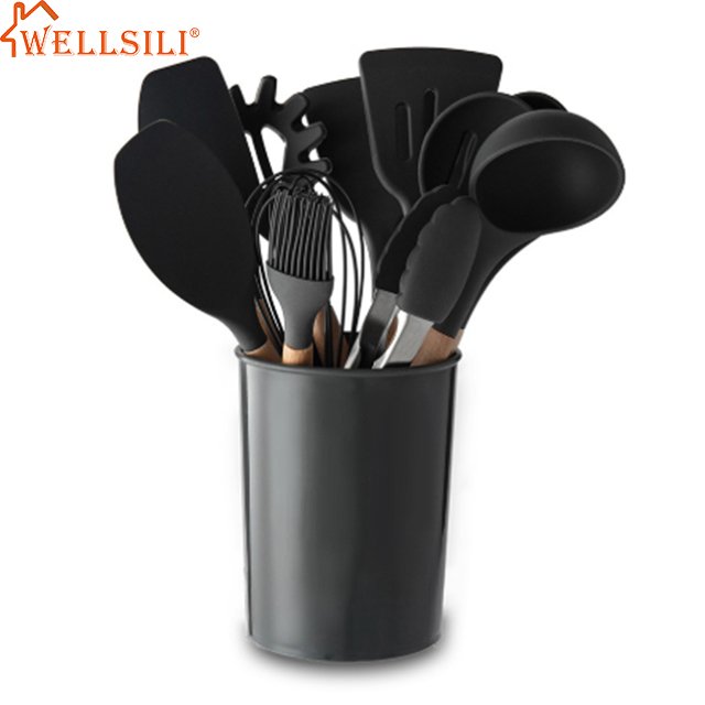 Hot Sale 11PCS Non-Stick Wooden Handle Easy Clean Kitchen Cookware Set wooden handle cooking silicone utensils