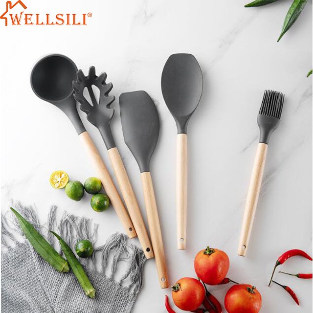 Hot Sale 11PCS Non-Stick Wooden Handle Easy Clean Kitchen Cookware Set wooden handle cooking silicone utensils