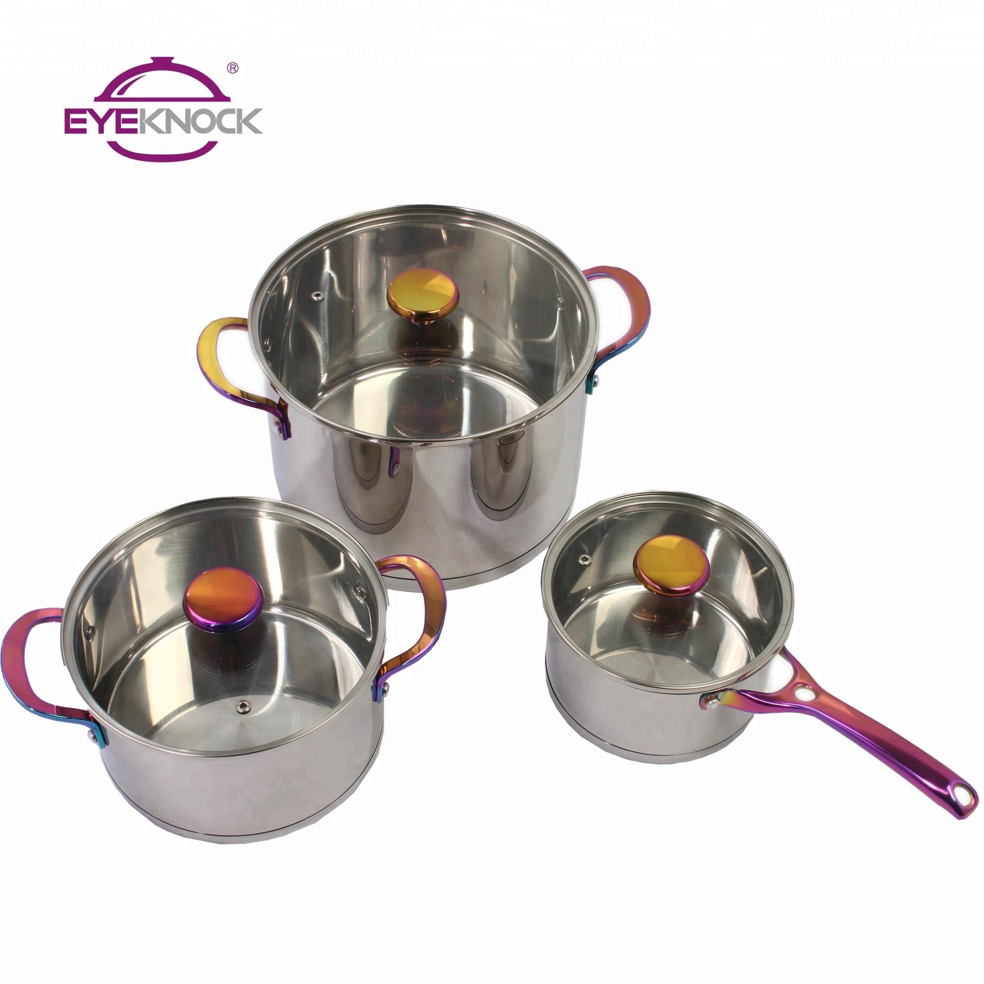 Hot sale 18 10 stainless steel colorful handle casserole saucepan set straight shape cooking pot induction bottom cookware set