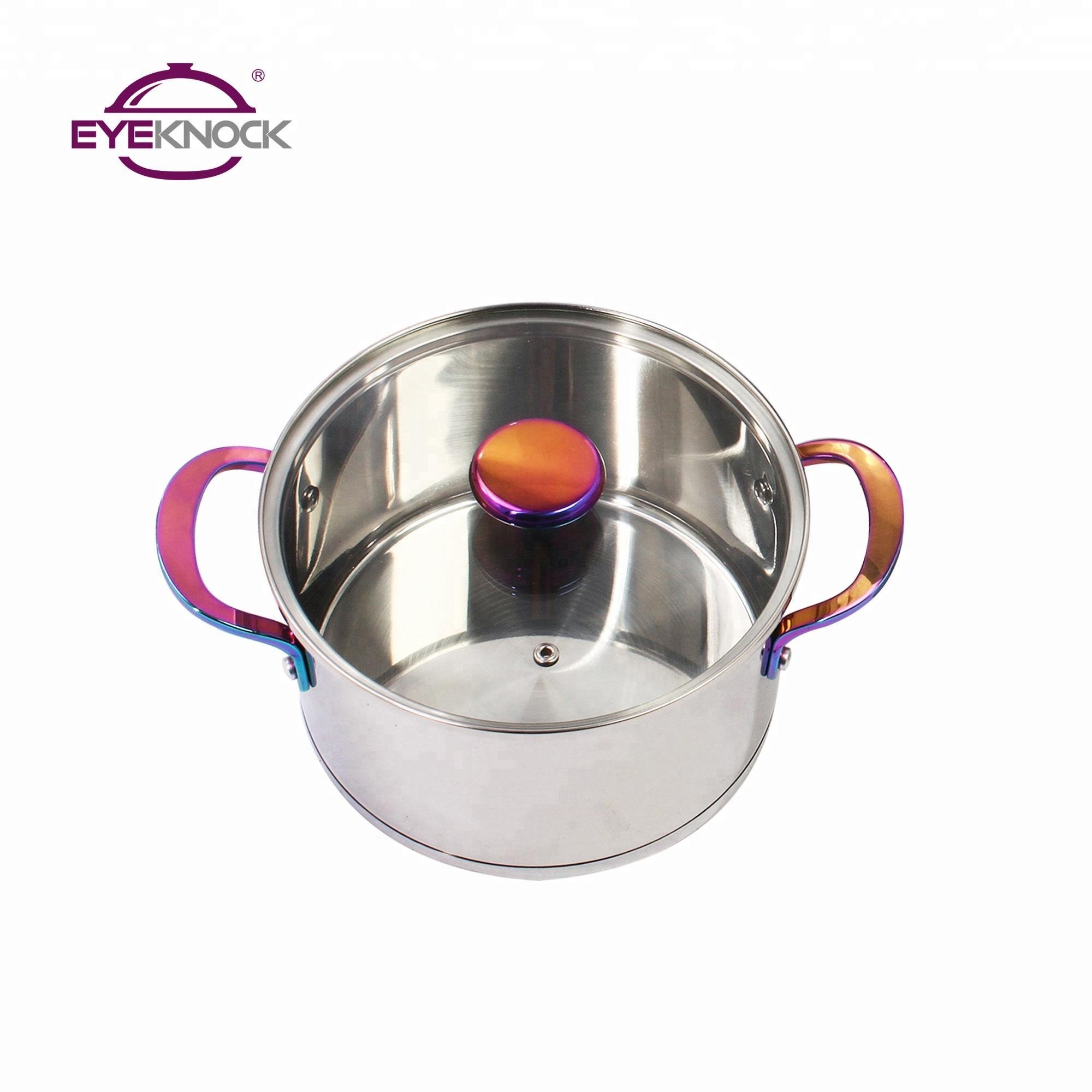 Hot sale 18 10 stainless steel colorful handle casserole saucepan set straight shape cooking pot induction bottom cookware set