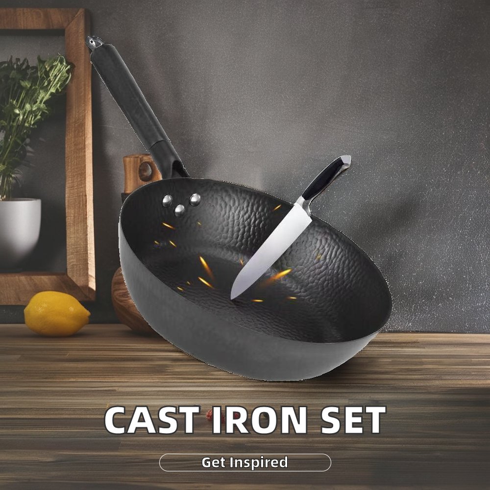 Cast Iron Home Cooking Cookware Set Includes Frying Pan and Wok Pan