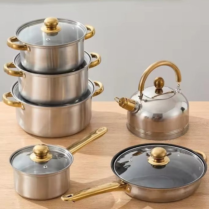 12-Piece Stainless Steel Non-Stick Cookware Set Kitchen Cooking Pots Pans Kettle Sustainable Features Stocked Metal Kitchenware